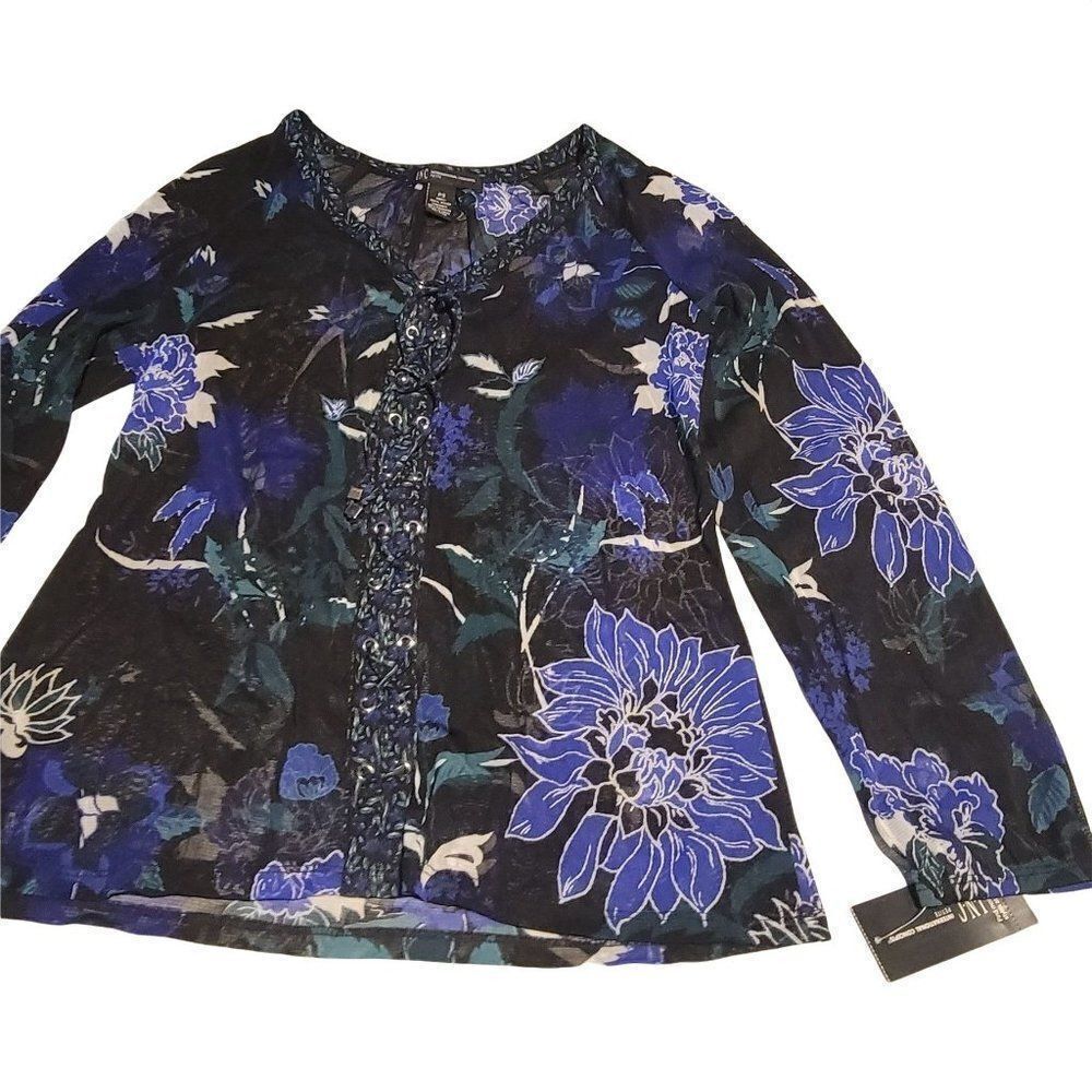 International Concept Womens Black Blue Floral Long Sleeve Blouse Top Size Small